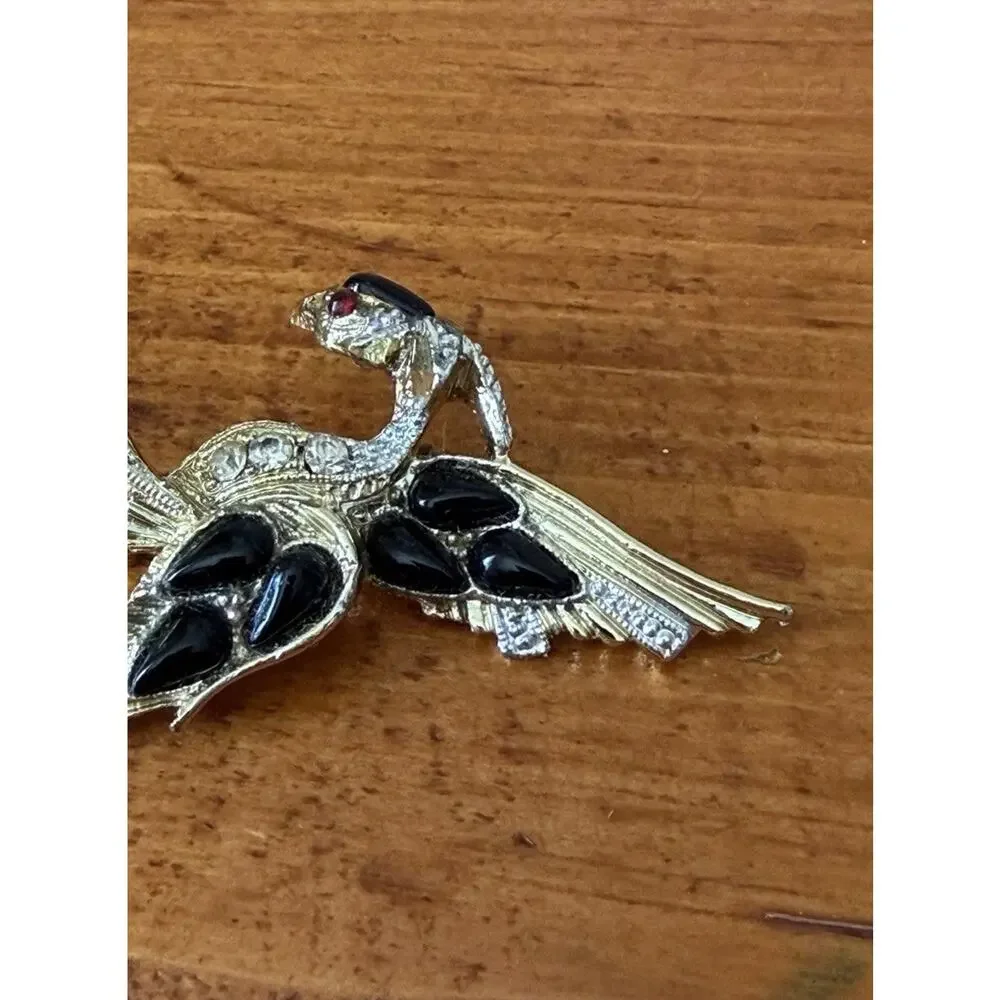 Vintage Phoenix Bird Rhinestone Brooch Gold Tone Black Enamel Figural Pin